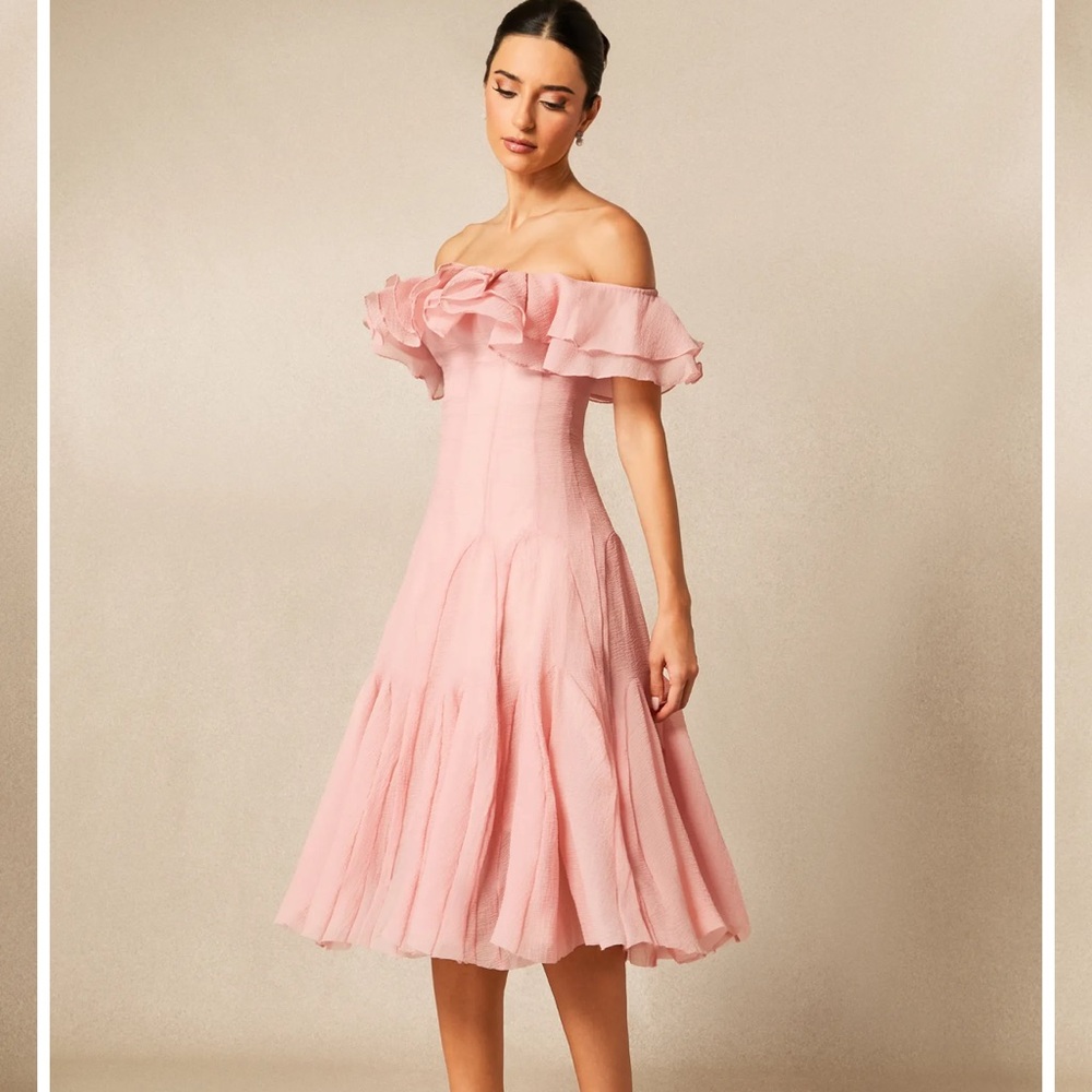 Off-Shoulder Ruffle Midi Dress in Blush Pink